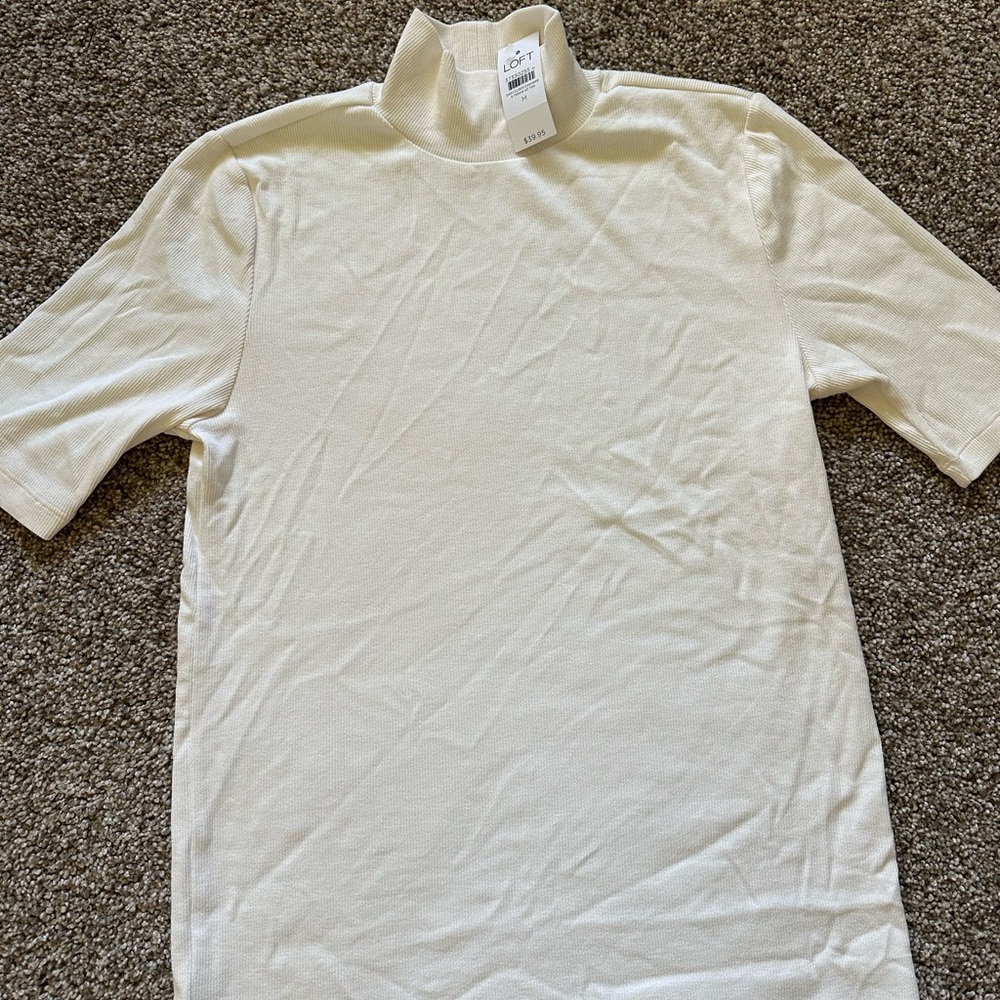 LOFT short sleeve ribbed mock neck top in cream/white